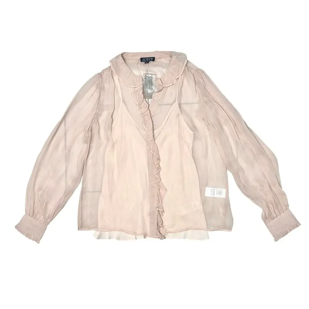 J. Crew | Women | Tan Ruffle Sheer Crinkle Chiffon Button Up Blouse | Sz 2